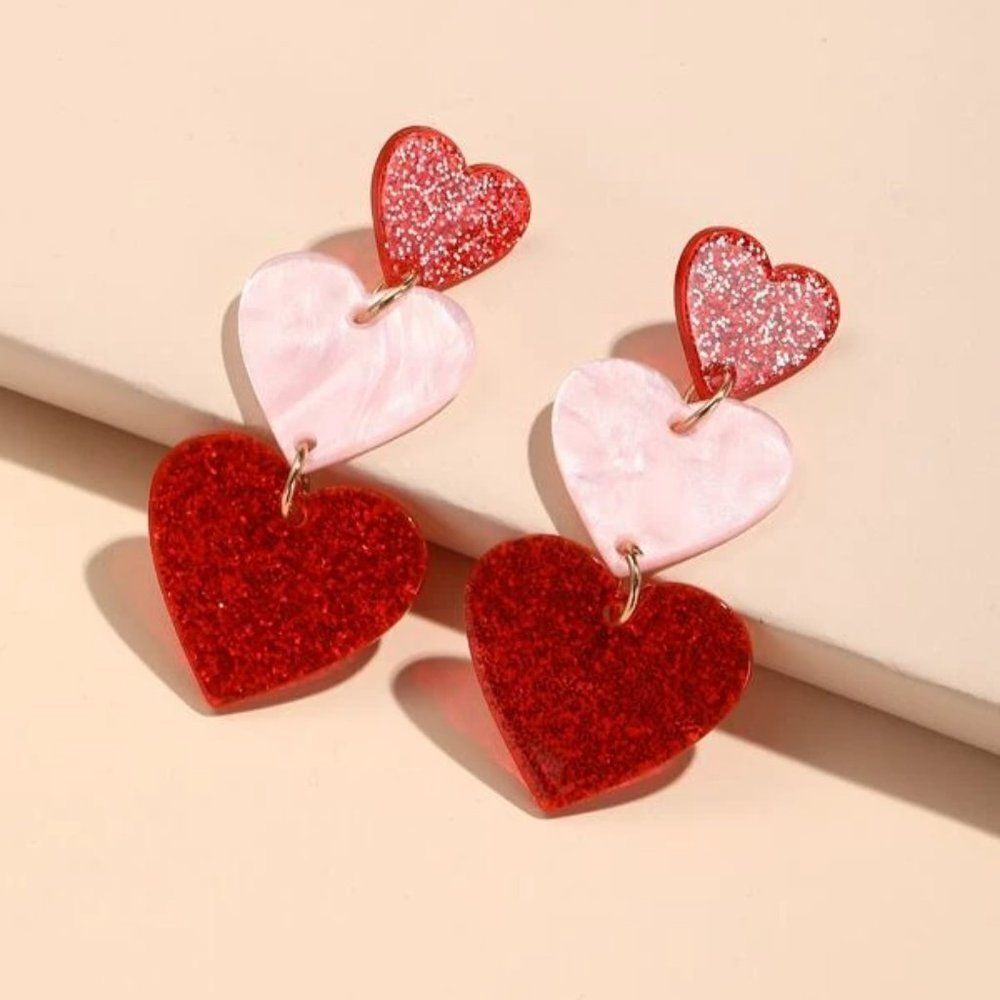 5/$25 Triple Heart Pink Acrylic Resin Earrings